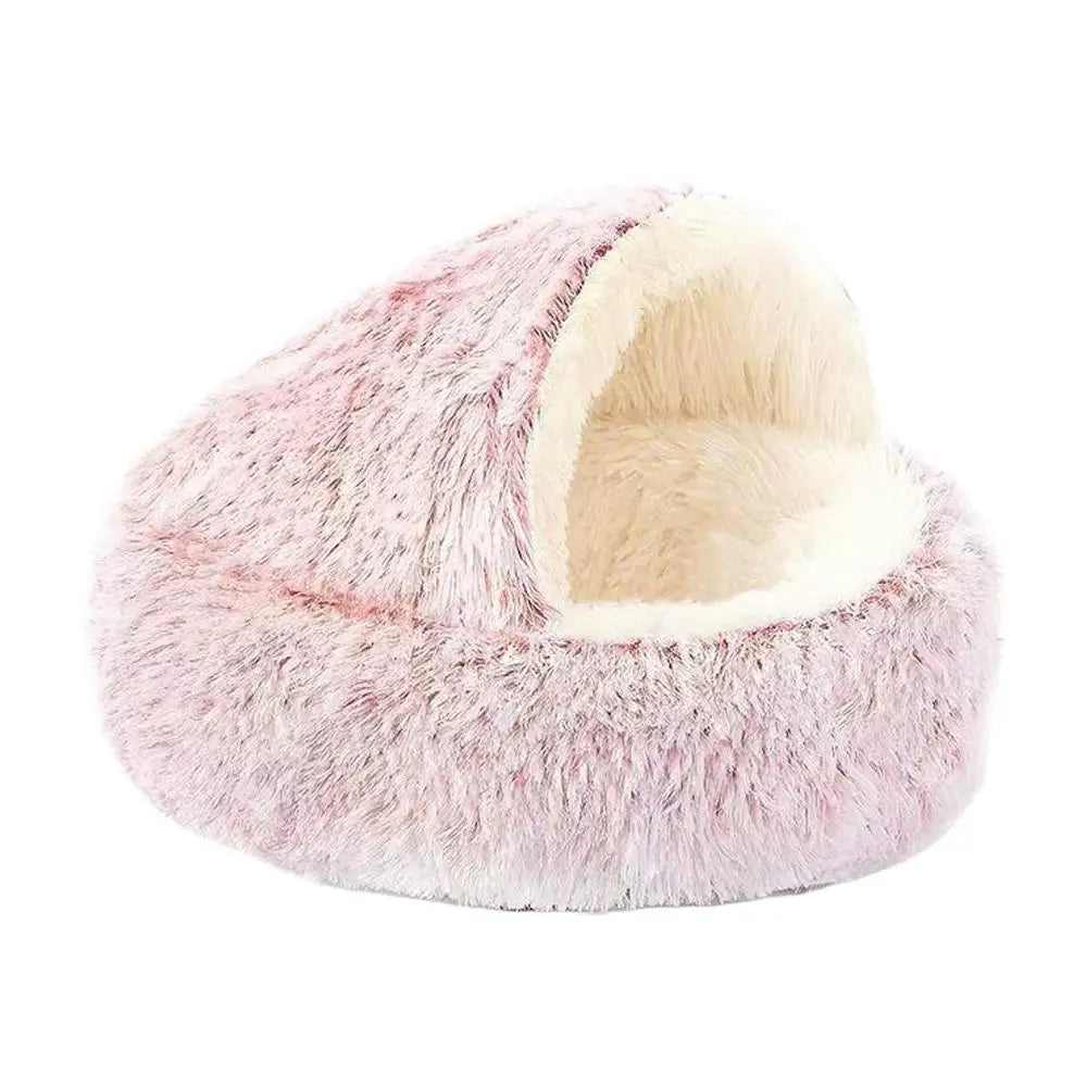 Winter Plush Round Cat Bed – Warm Semi-Enclosed Pet Nest