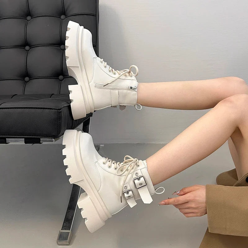 Women's Platform Ankle Boots – Square Heel Zip Buckle Booties