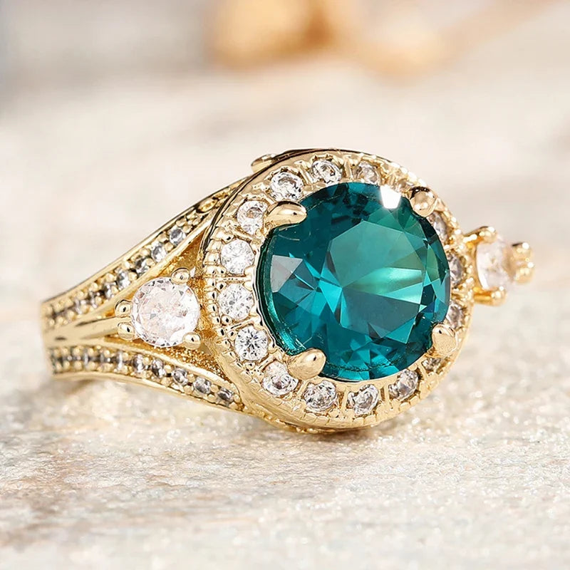 Huitan Green CZ Ring for Women – Gold-Tone Wedding Band | Size 5–14