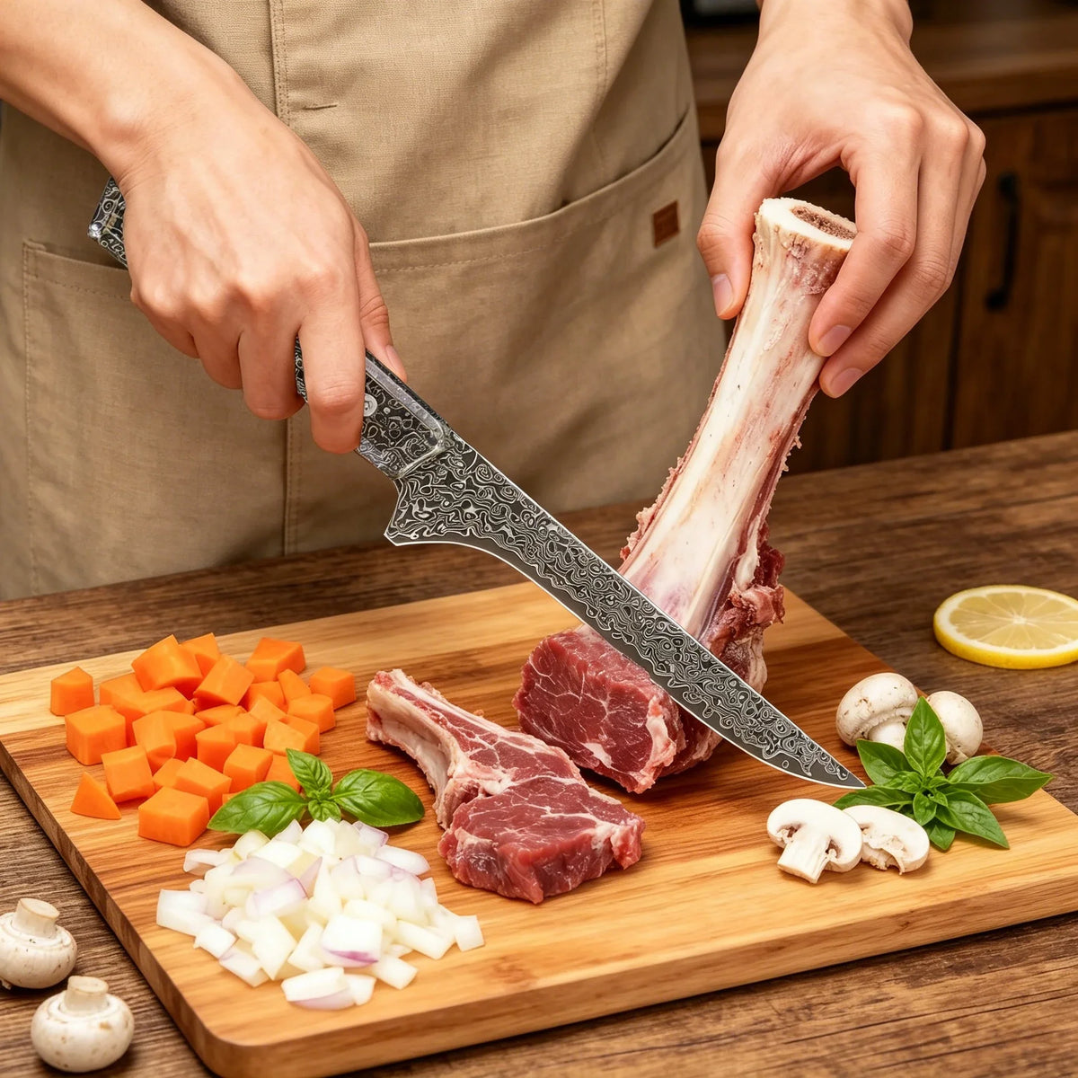 Damascus Steel Boning Knife – Chef's Slicing & Meat Cleaver