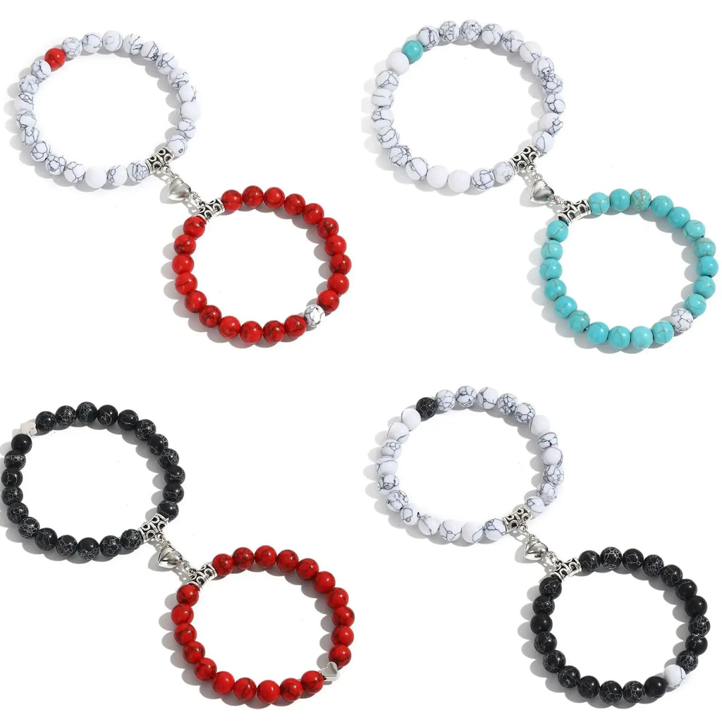 Natural Stone Bead Couple Bracelets Set – Heart Magnet, 2 Pcs