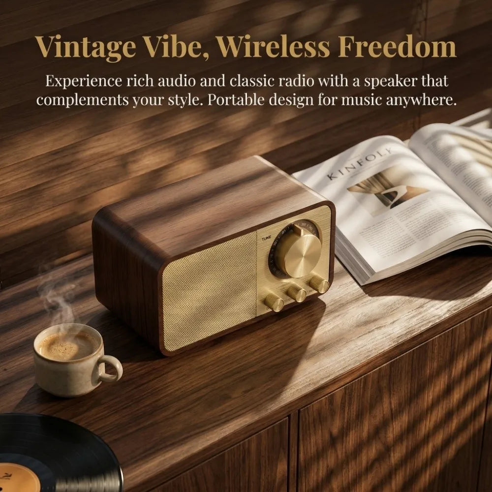 Retro Bluetooth 5.0 Speaker FM Radio Vintage Wood Design