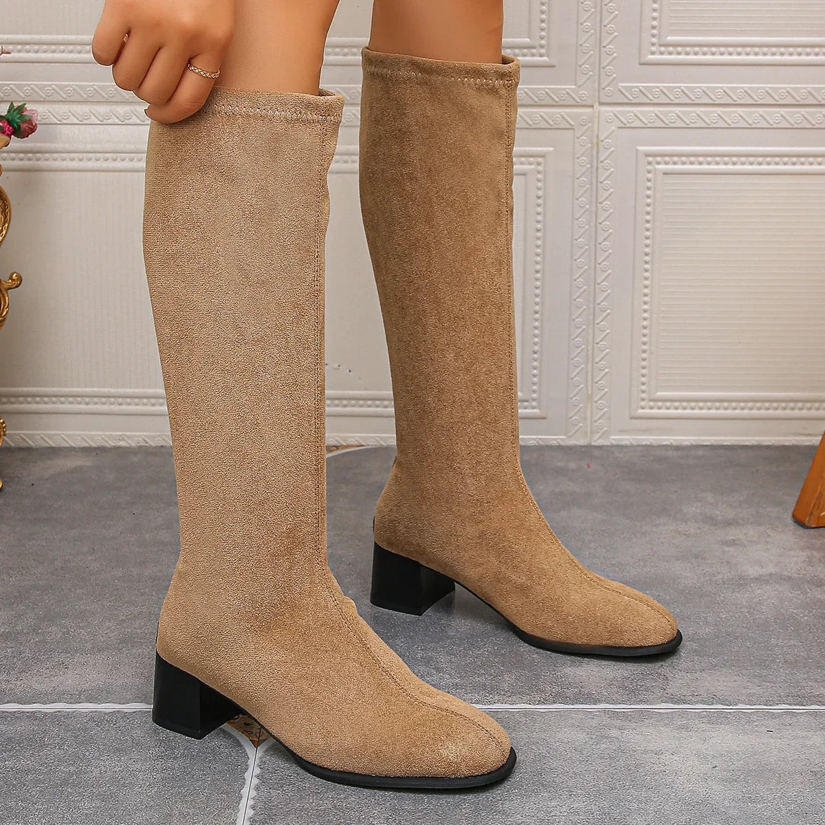 Women's Faux Suede Knee High Boots – Square Heel & Back Zip