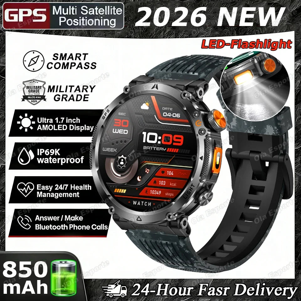 2026 Military Outdoor Smart Watch Men Dual-frequency High-precision
