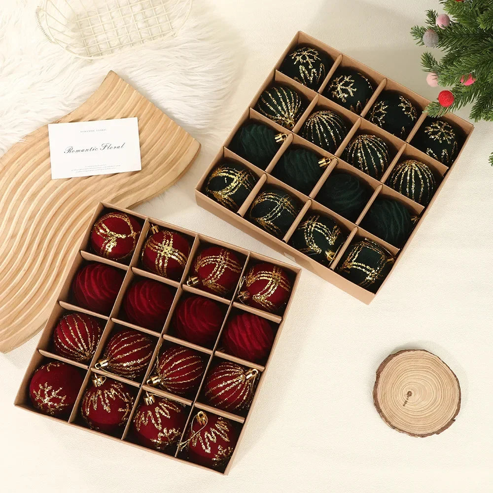 16-Pack Velvet Flocked Christmas Ball Ornaments – Red & Green 6cm