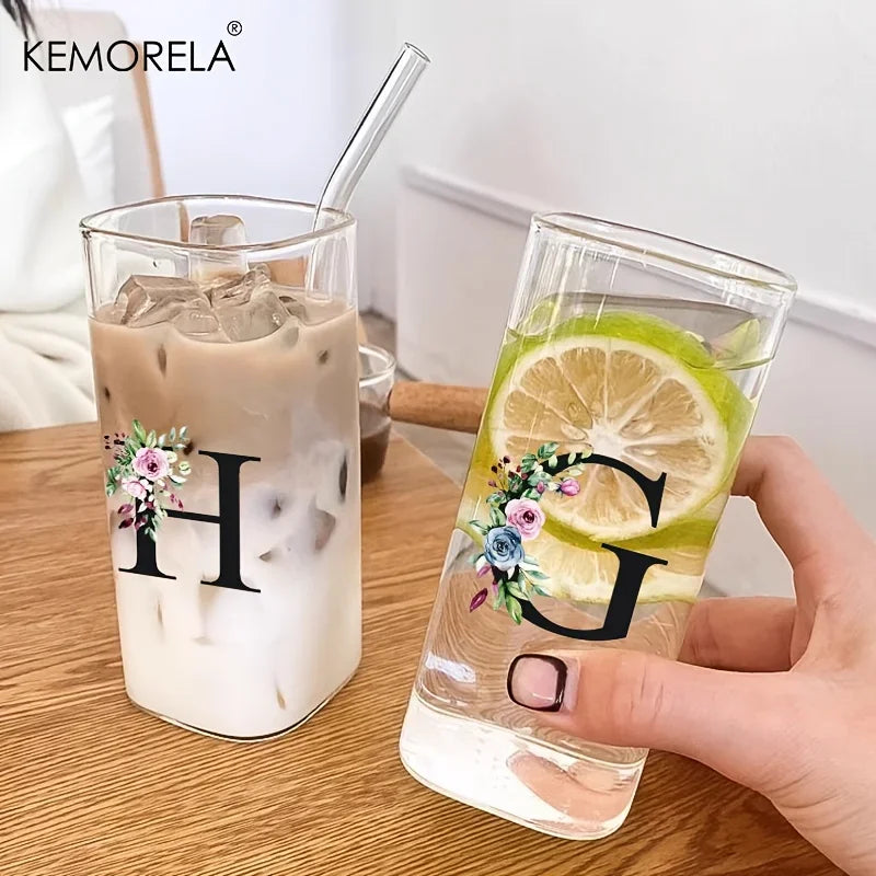 KEMORELA 300ml Letter-Shaped Glass Tumbler with Lid & Straw