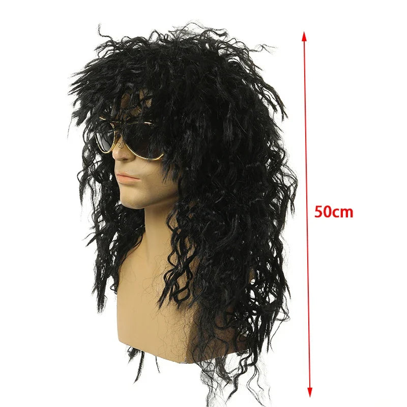 Men's Long Curly Black Wig – Fluffy Synthetic Cosplay Party Wig