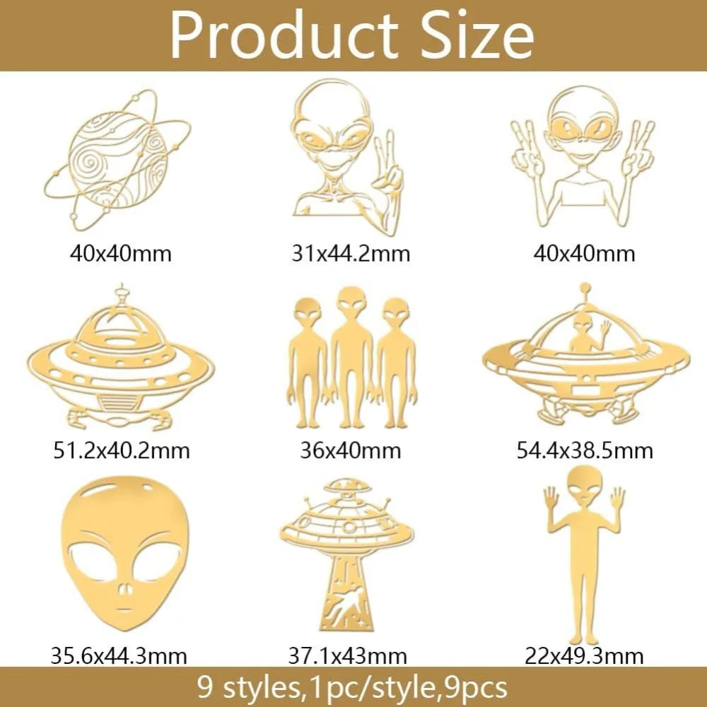 9-Piece Golden Metal Alien Stickers – Space UFO Epoxy DIY