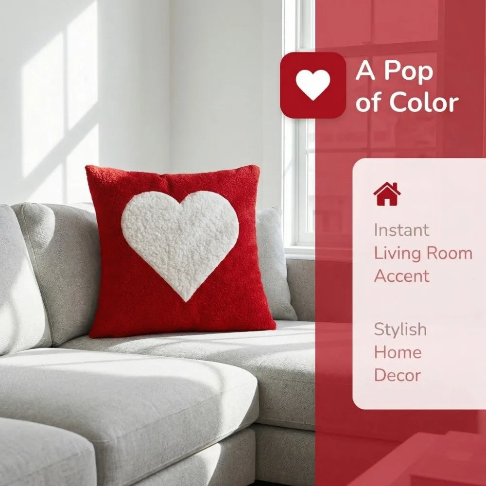 Heart Pattern Embroidered Throw Pillow Cover 45cm – Red & White
