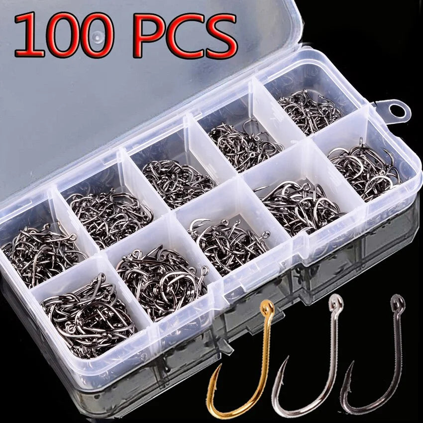 100 Pcs Barbed Fishing Hooks – Carbon Steel Carp & Sea Tackle