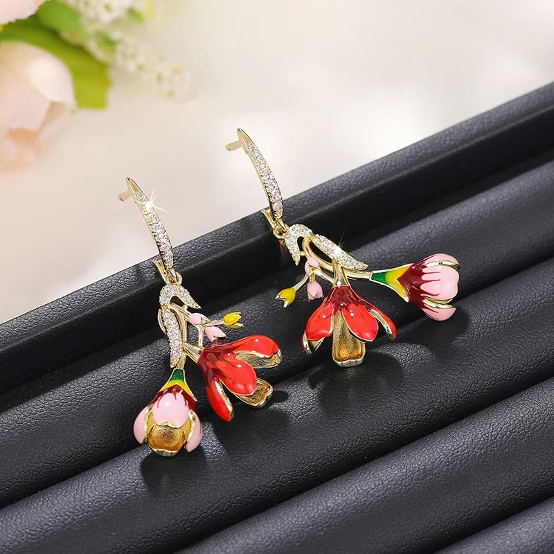 Huitan Colorful Flower Drop Earrings – Gold Cubic Zirconia