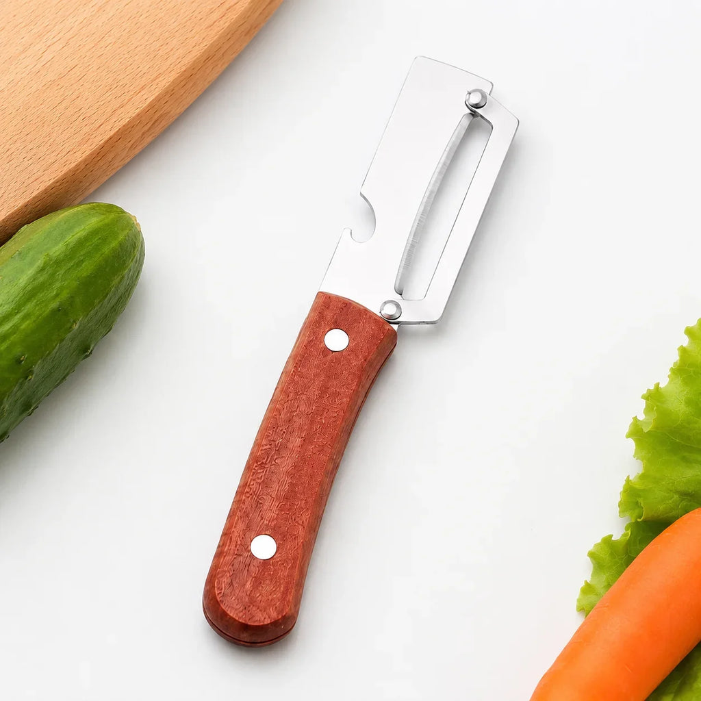 Stainless Steel Vegetable Peeler with Wooden Handle & Bottle Opener