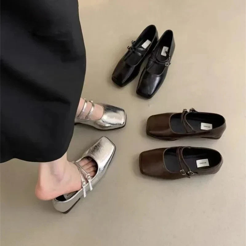 Women's Retro Mary Jane Ballet Flats – Square Toe Buckle Strap