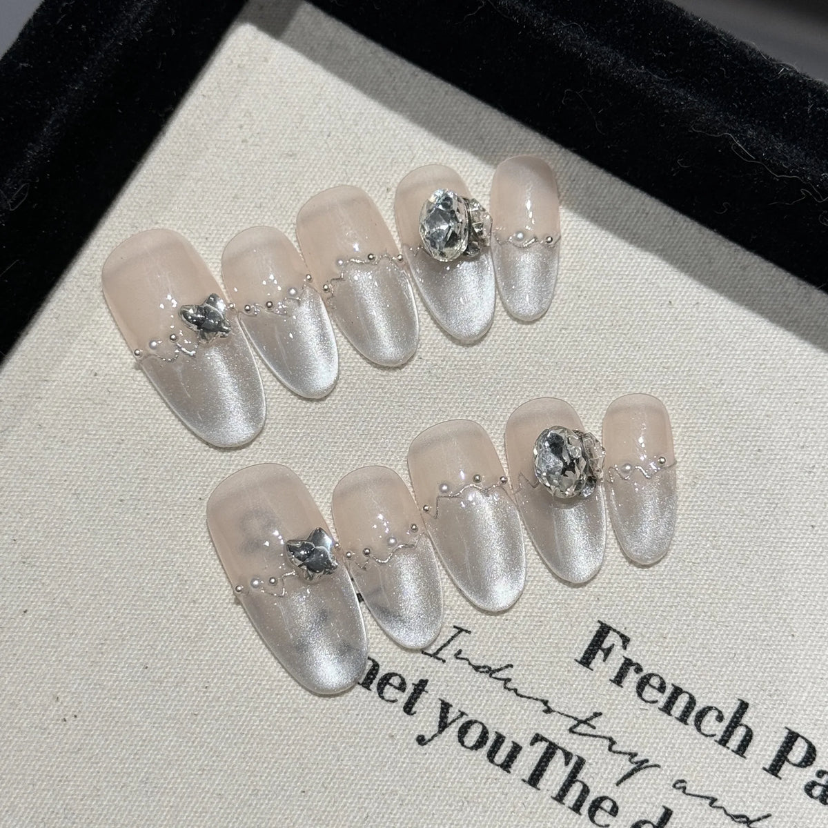 Handmade Press-On Nails Aurora Blue French Pearl Crystal Almond