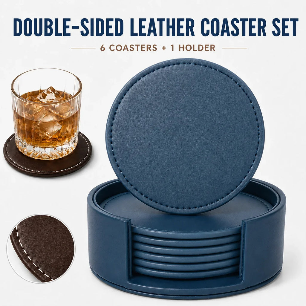 PU Leather Drink Coaster Set of 6 with Holder – Heat Resistant