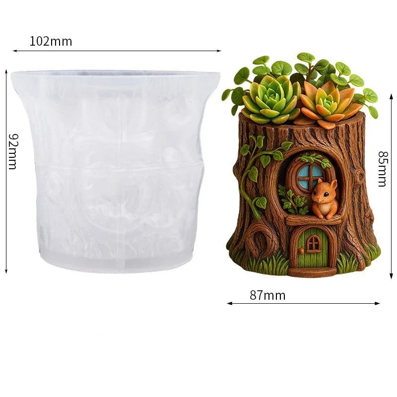 Fairy Tale Tree Stump Squirrel Planter Silicone Mold DIY Cement Resin