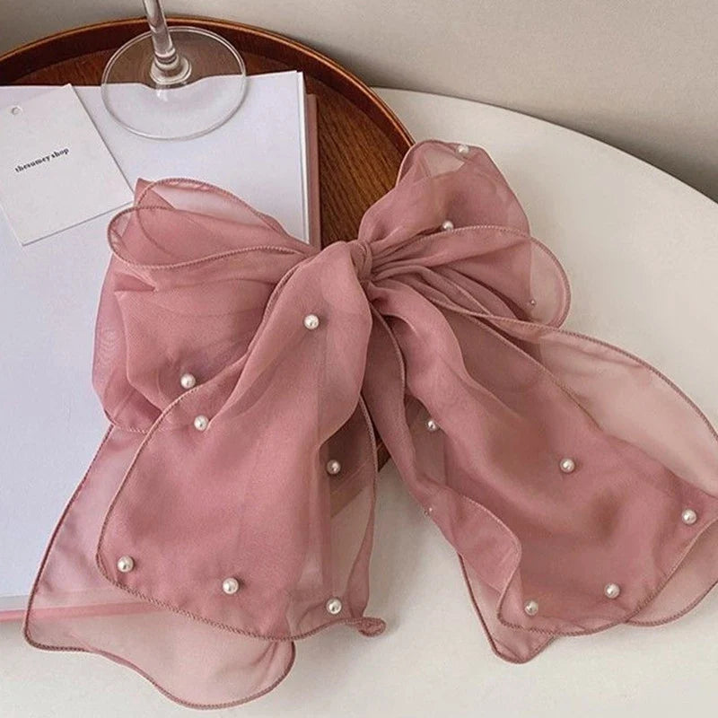 Pearl Bow Hair Clip – Elegant Chiffon Ribbon Barrette for Women