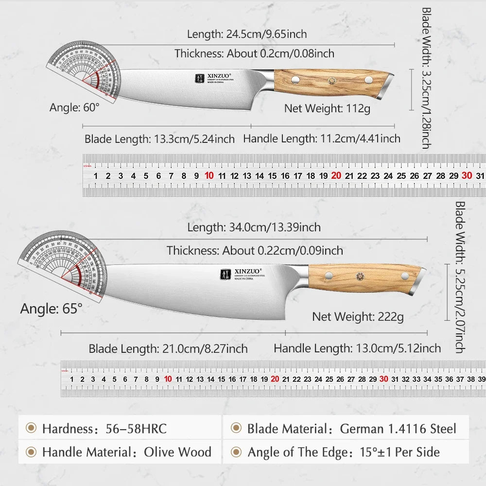 XINZUO German Steel Chef & Utility Knife Set – Olive Wood Handle