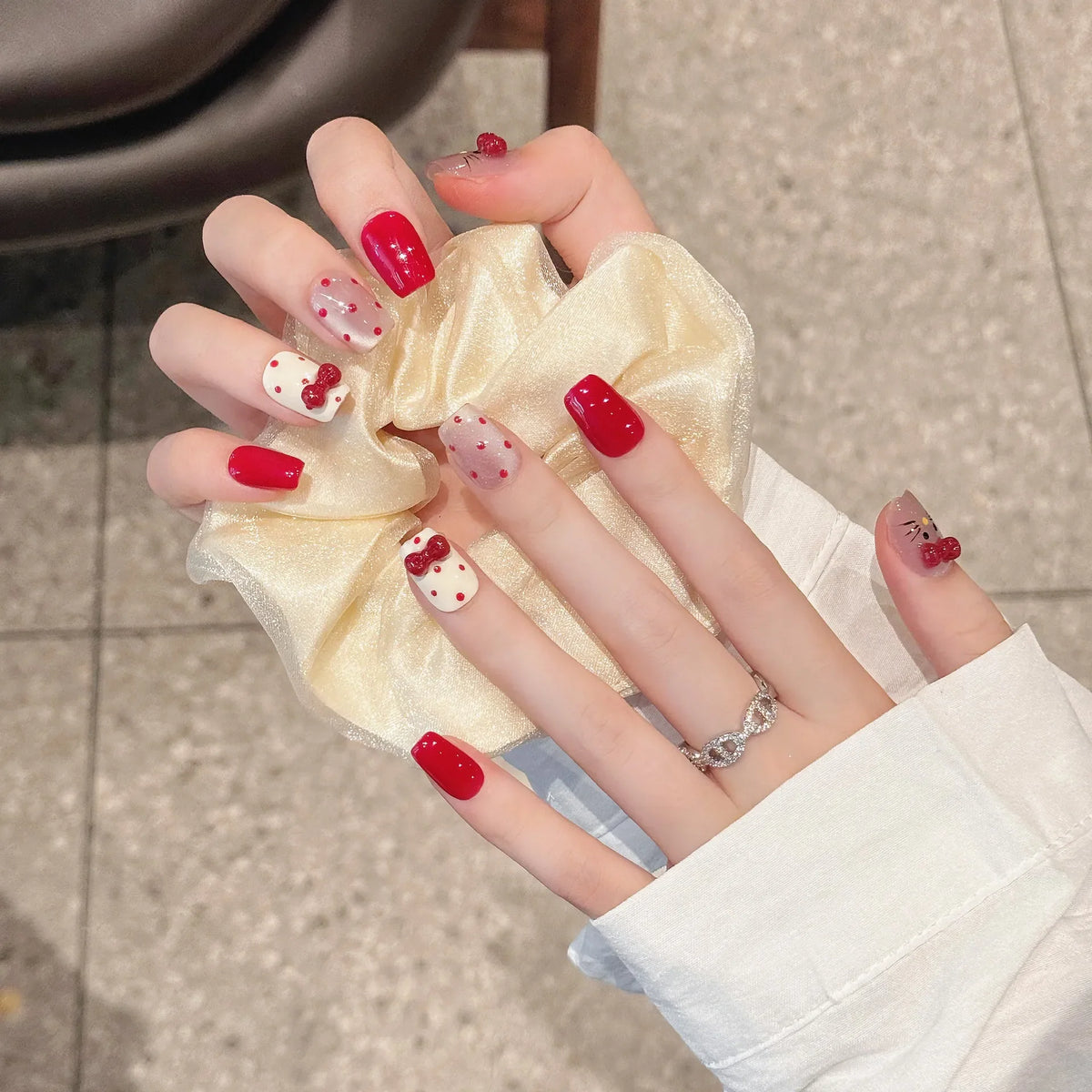 Handmade Press Nails White Black Bowknot French Fake Women Girl