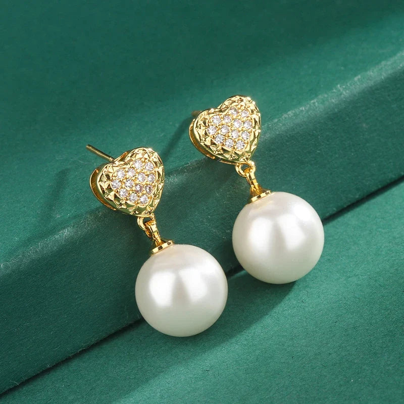 Huitan Pearl Drop Earrings – Heart Cubic Zirconia Women's Jewelry