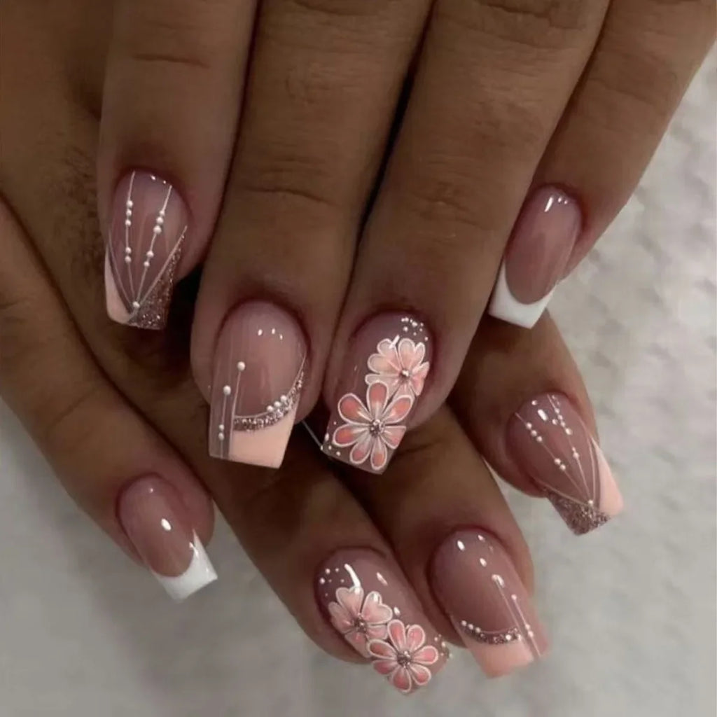 24pcs French Pink Flower Short Coffin Press On Nails | Nude Pink