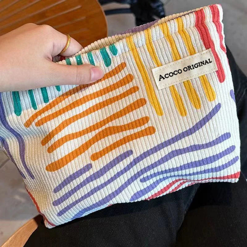 Colorful Stripes Corduroy Cosmetic Bag | Travel Toiletry Bag