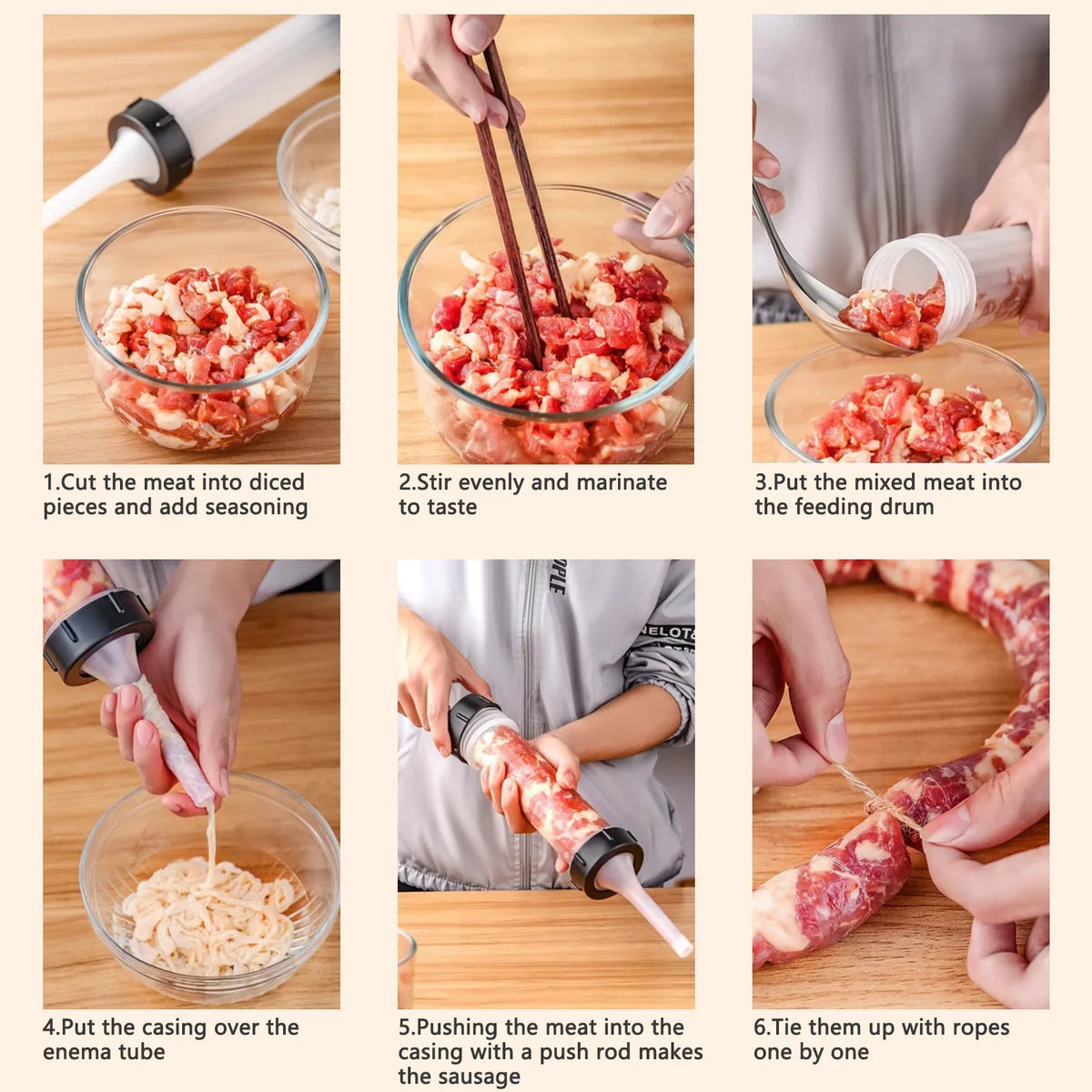 Manual Sausage Maker with 3 Filler Nozzles | Hand Push Stuffer