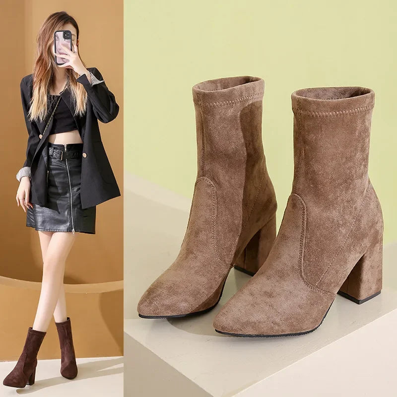 Women's Chunky Heel Sock Ankle Boots – Pointed Toe Black