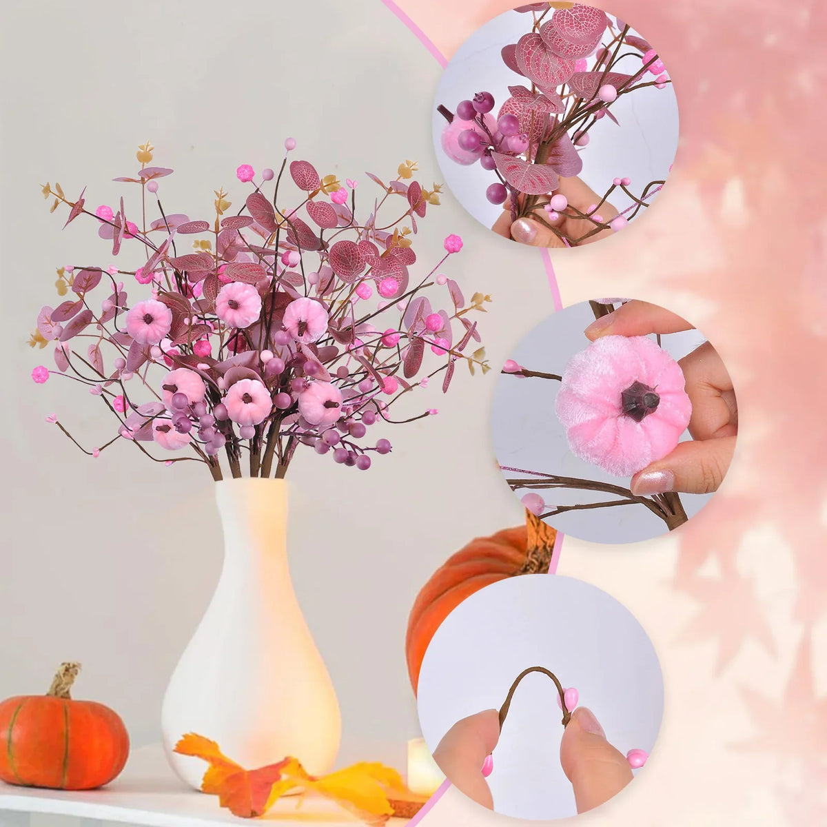 Artificial Pink Velvet Pumpkin Eucalyptus Leaf Pick Harvest