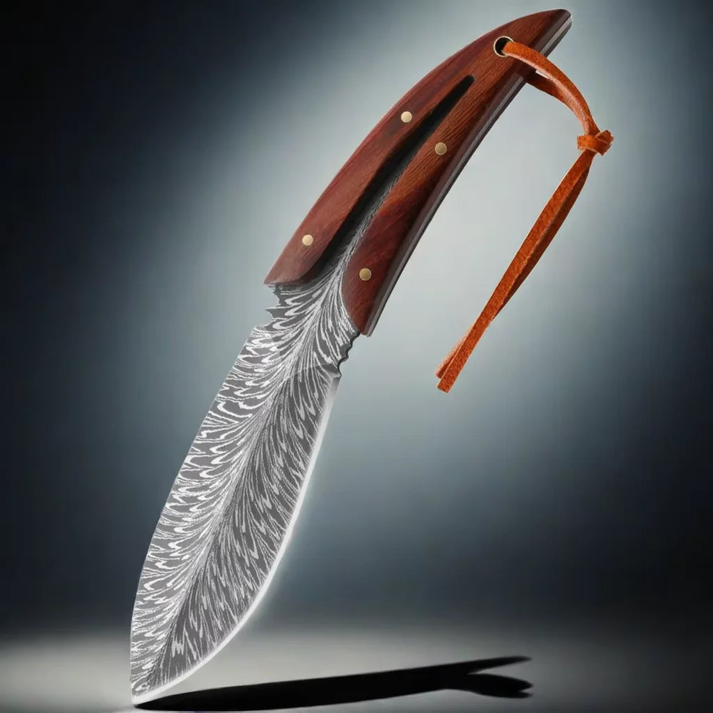 EDC Fixed Blade Knife – Patterned Leaf Blade & Wood Handle