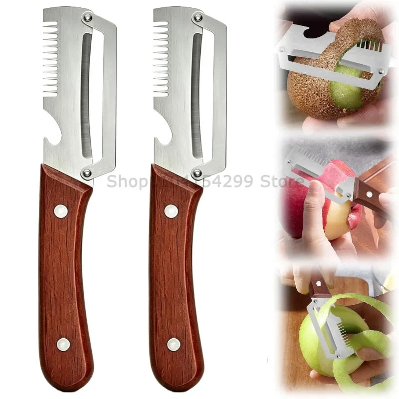 3-in-1 Wooden Handle Vegetable Peeler – Stainless Steel