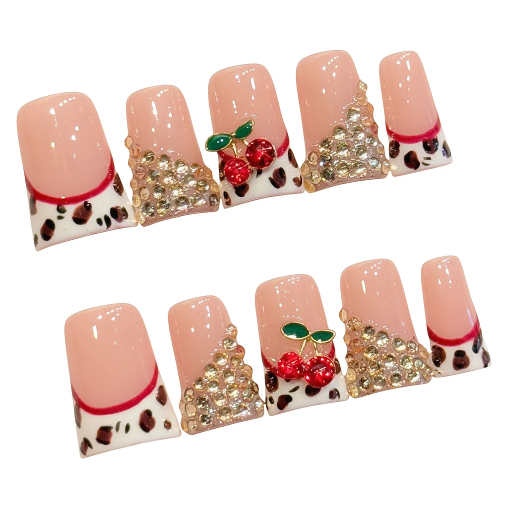 Press On Nails French Leopard Duckbill 3D Cherry Rhinestones 10pcs