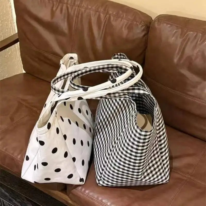 Large Canvas Tote Bag – Striped Plaid Shoulder Bag for Women