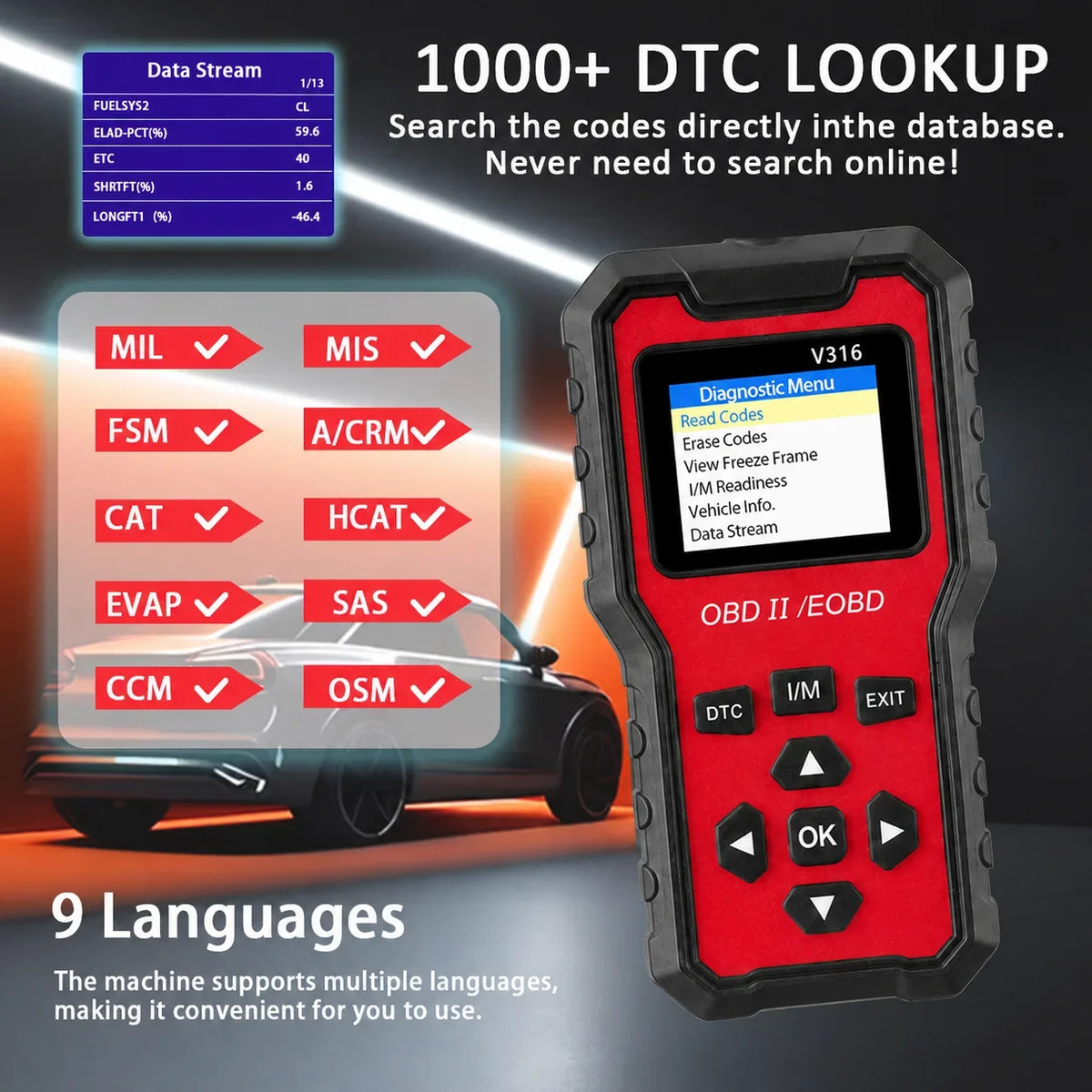 V316 OBD2 Scanner – Engine Code Reader & Battery Tester