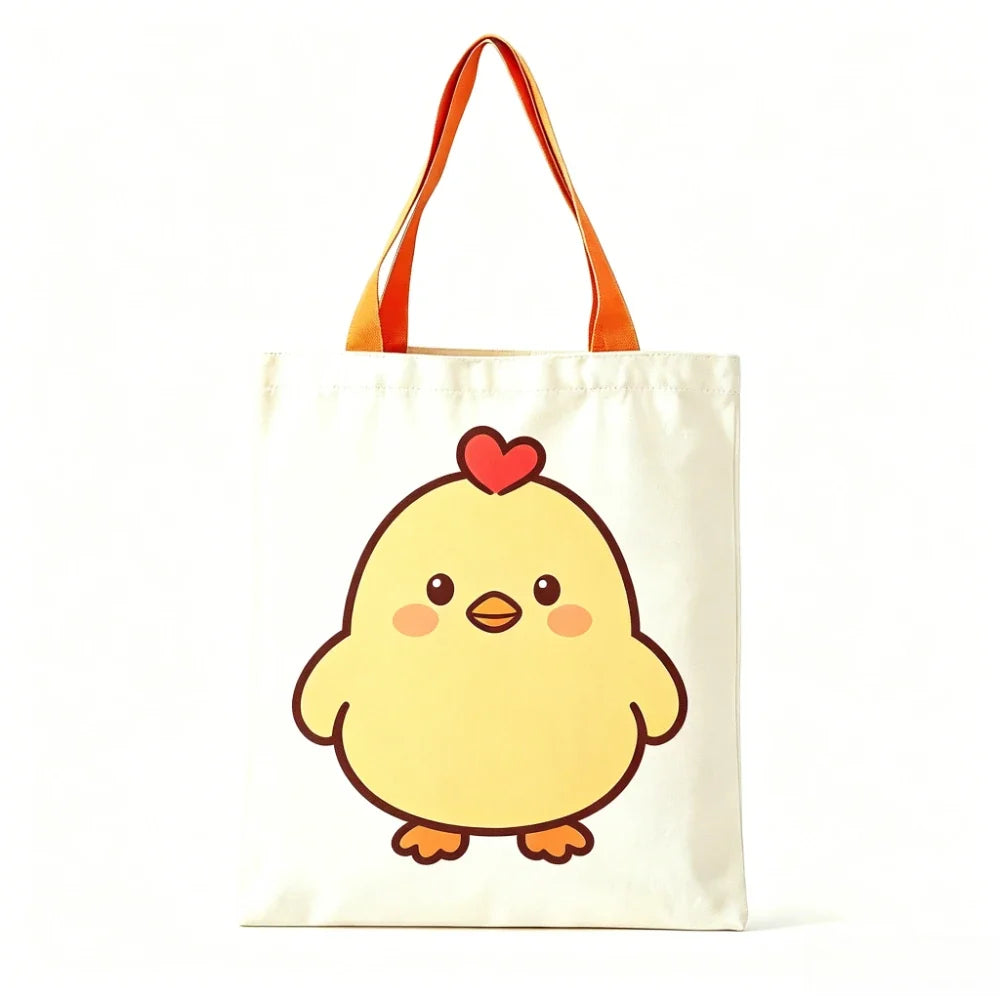 Cute Yellow Chick Red Heart Print Canvas Tote Bag Eco Reusable