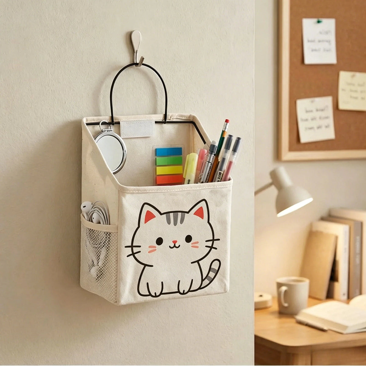 Wall Mount Fabric Storage Basket Large Cute Kitten Print