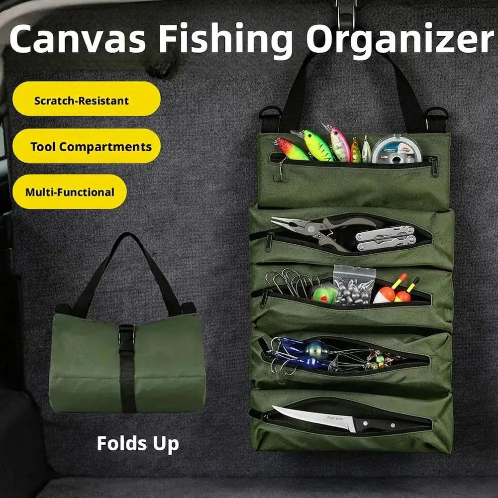 Roll-Up Canvas Fishing Tool Bag – 6 Zip Pockets Organizer