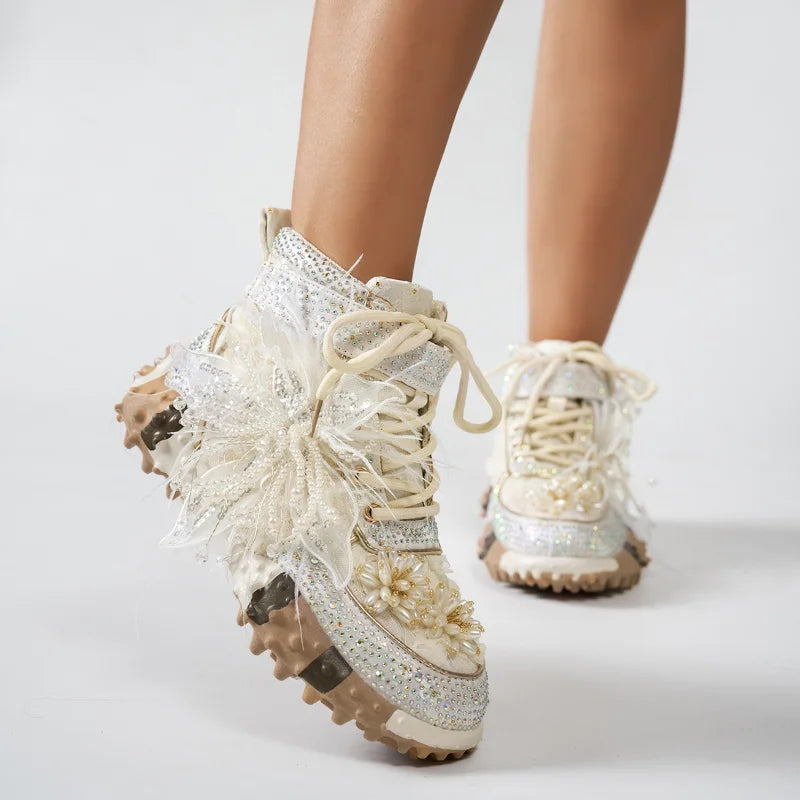 Women's Rhinestone Knitted High-Top Sneaker Boots Thick Sole