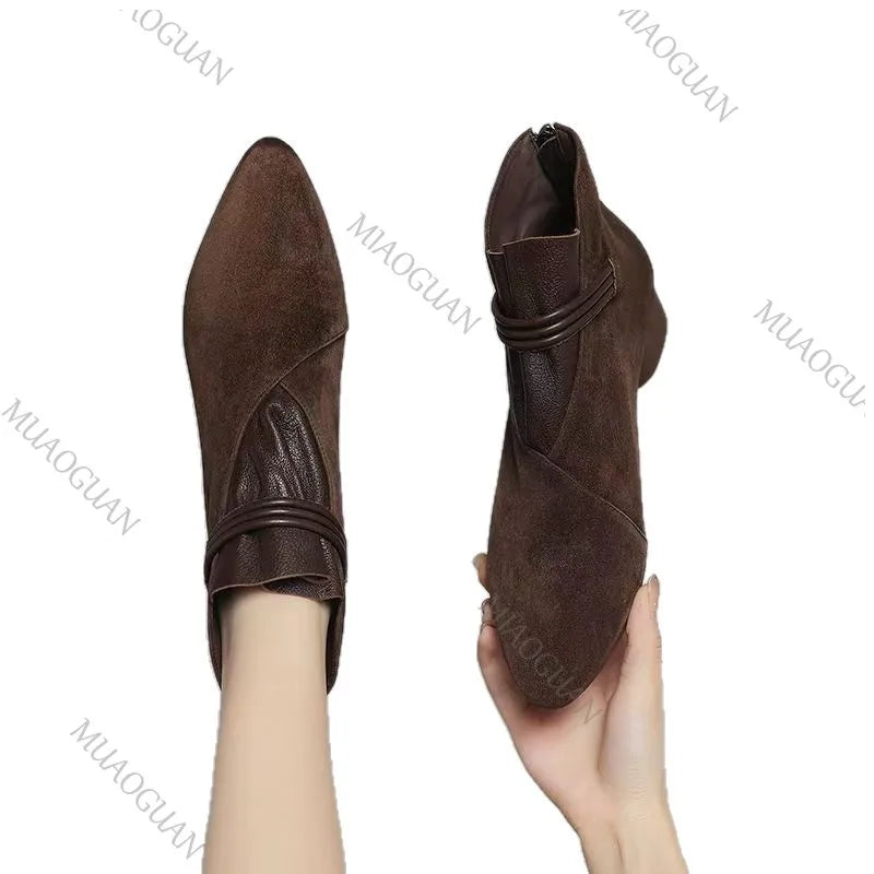 Women's Suede Ankle Boots | Pointed Toe Double Buckle Side Zip