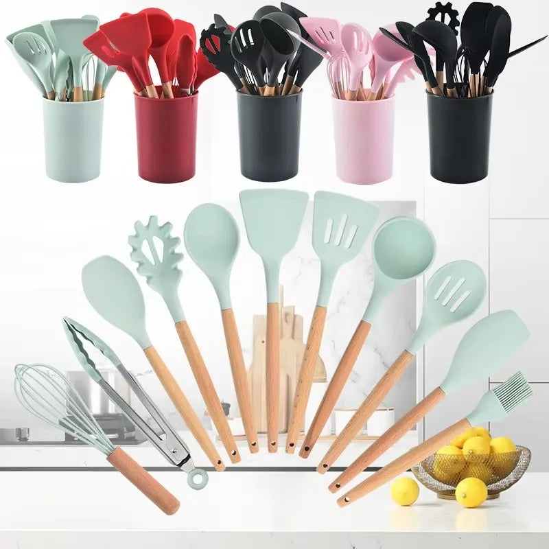 12-Piece Silicone Kitchen Utensil Set – Wood Handle & Storage