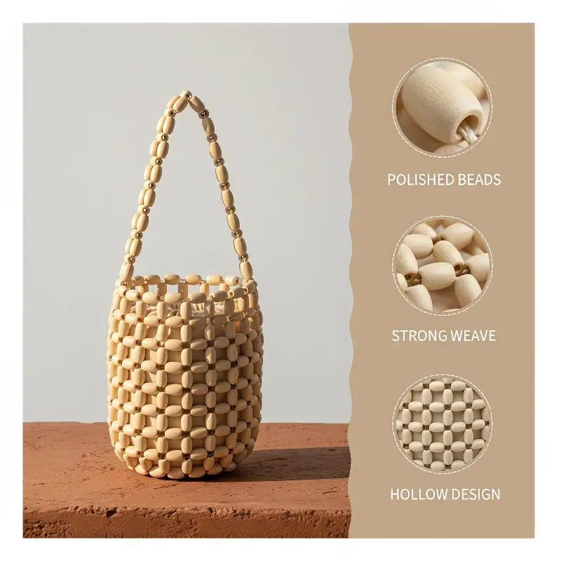 Handmade Wood Bead Mini Bucket Bag – Boho Wrist Purse