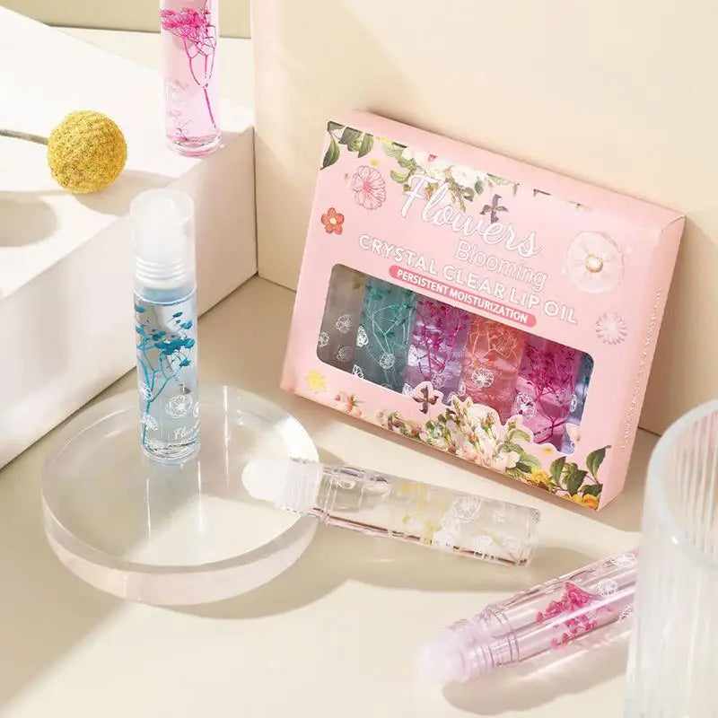 Flower Roll-On Lip Oil Set – Crystal Clear Gloss 6pc