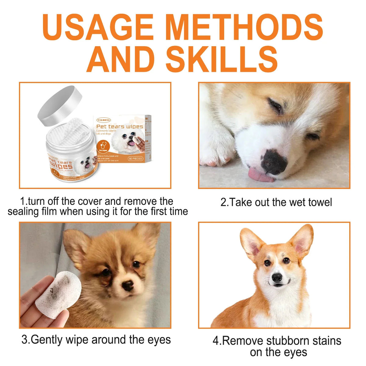 Pet Eye Wipes – Tear Stain Remover for Dogs & Cats 60 Pads