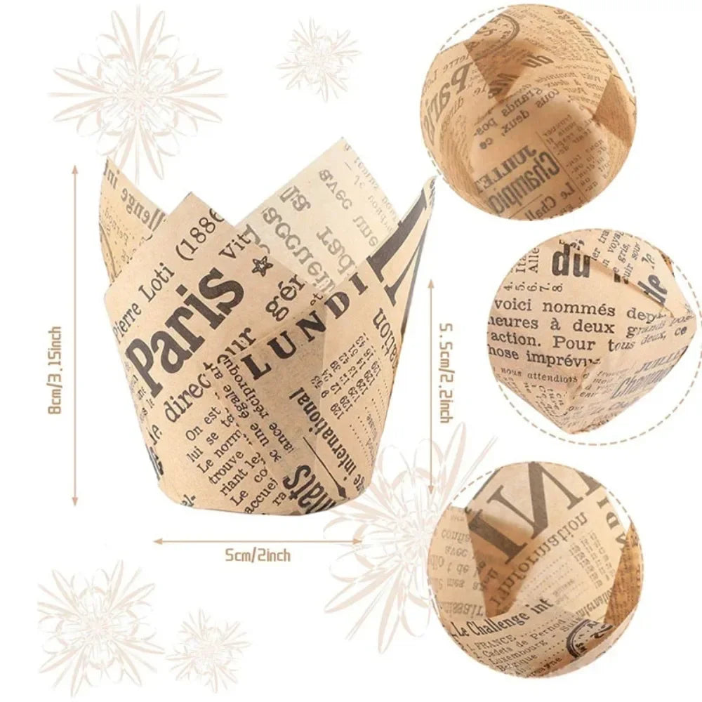 50pcs Newspaper Style Tulip Cupcake Liners | Baking Cups