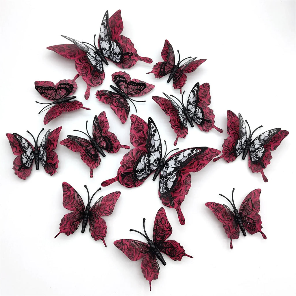 12pcs Halloween Butterfly & Skull Gothic 3D Wall Stickers
