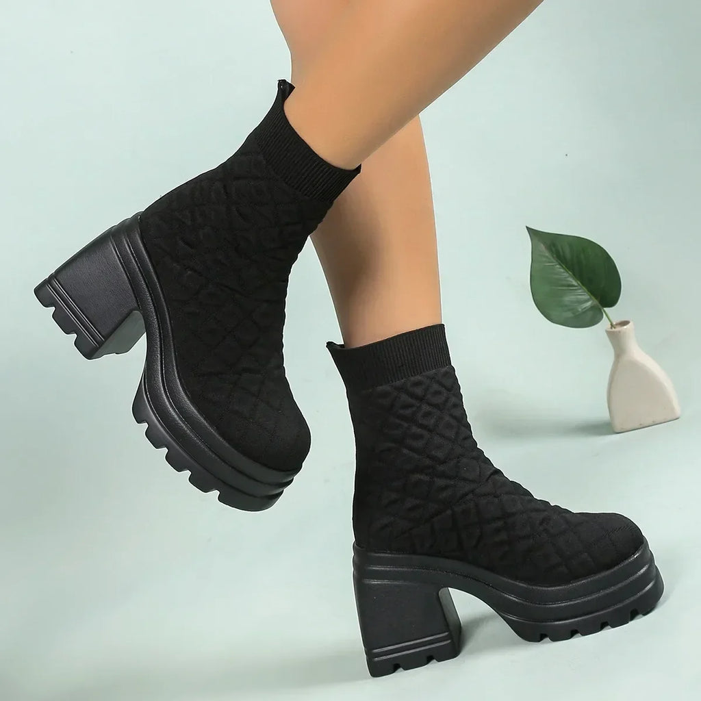 Women's Chunky Knit Platform Ankle Boots – Square Heel Slip-On