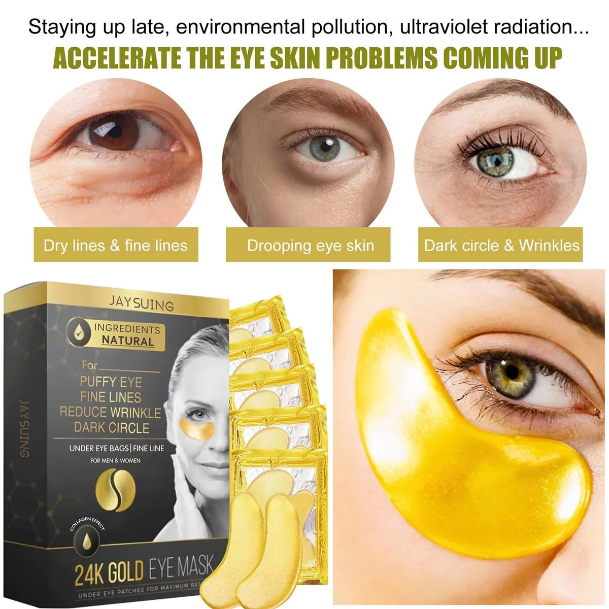 24K Gold Collagen Eye Patches – Anti-Aging, 5 Pairs | Jaysuing