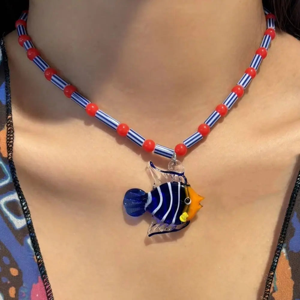 Colorful Glass Beaded Seahorse Fish Pendant Necklace