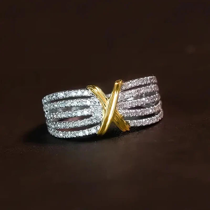 Huitan Two-Tone Cross Ring – Sparkling CZ Statement Ring