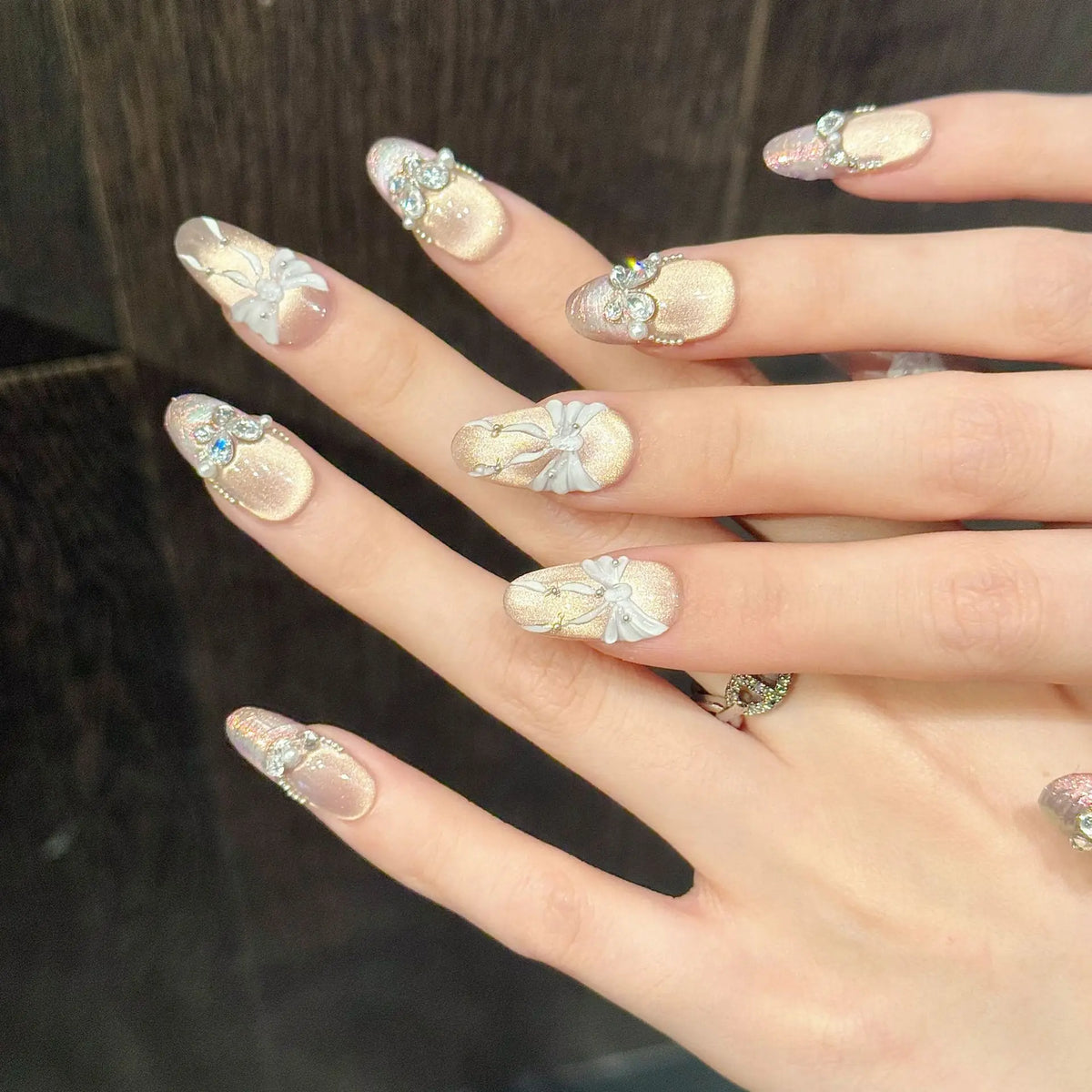 Korean 3D Bow Press On Nails | Aurora Glitter Diamond 10pcs Set